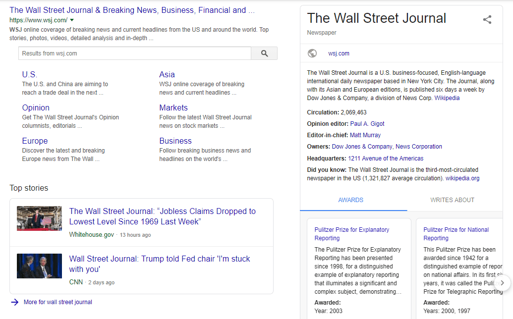 La page du Wall Street Journal aliment&eacute;e par le balisage du sch&eacute;ma des articles figurant dans le SERP