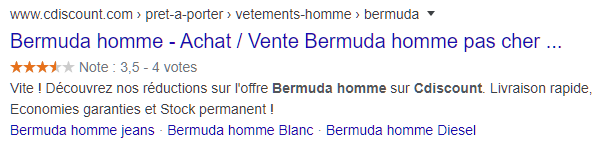 Offre Bermuda homme sur page Cdiscount aliment&eacute;e avec des donn&eacute;es sur les produits