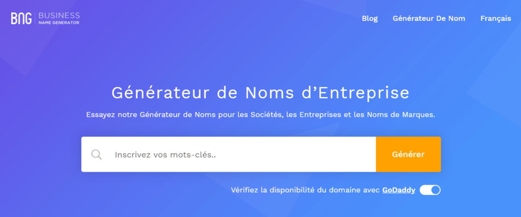 Page d'accueil du g&eacute;n&eacute;rateur de noms d'entreprises BNG