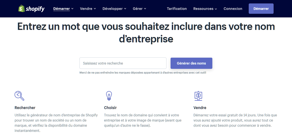 G&eacute;n&eacute;rateur de nom d'entreprise de Shopify
