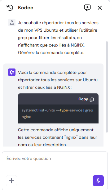 Commande grep générée par l'assistant IA Kodee