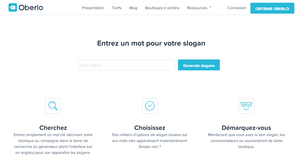 Page d'accueil du g&eacute;n&eacute;rateur de slogan Oberlo