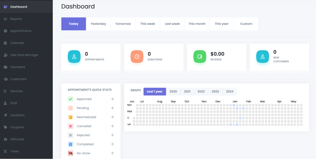 Le tableau de bord dans le plugin Booknetic