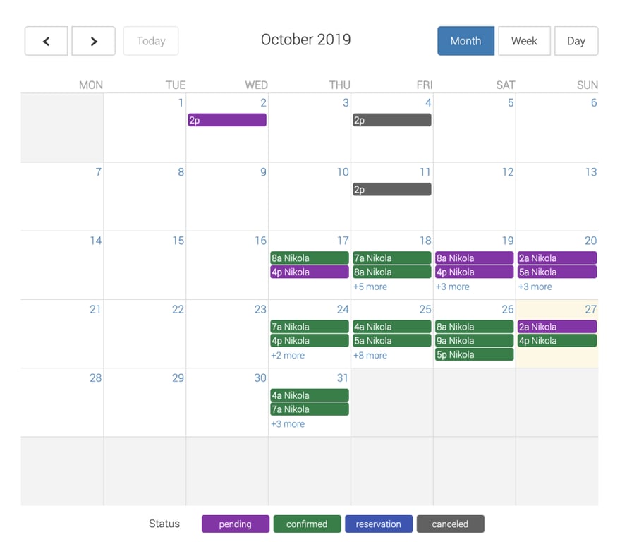 Exemple d'un calendrier de réservation créé à l'aide du plugin Easy Appointments