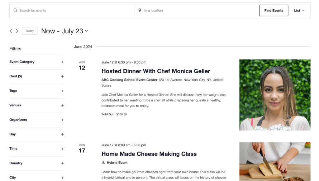 Exemple de page d'événements créée avec le plugin Events Calendar