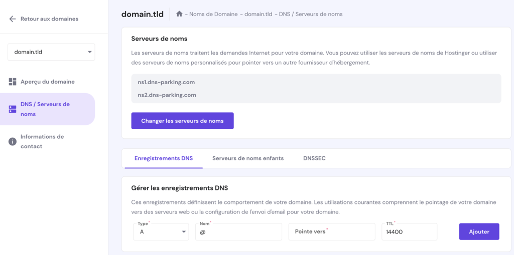 Options de serveurs de noms sur hPanel