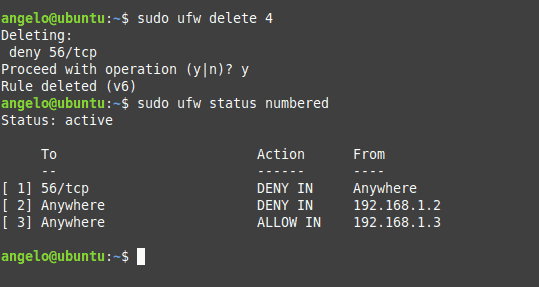 Liste des règles UFW affichée dans le terminal sous Ubuntu
