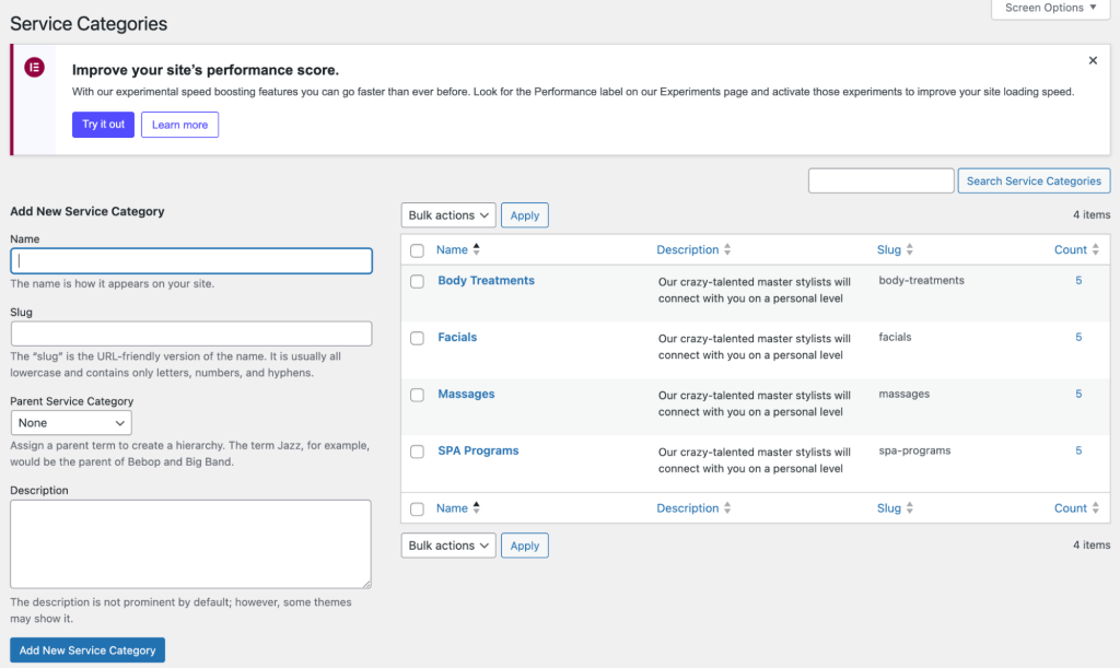 La page Catégories de services dans le plugin MotoPress Appointment Booking