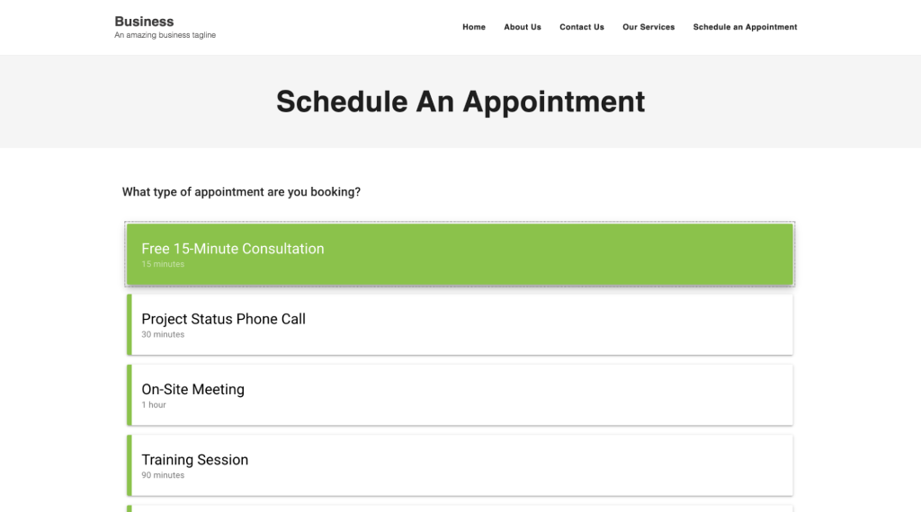 Exemple d'une page de prise de rendez-vous utilisant le plugin Simply Schedule Appointments