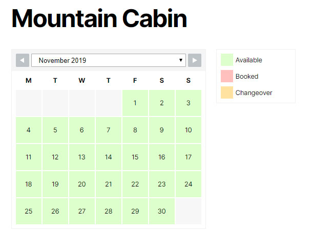 Exemple d'un calendrier de réservation créé à l'aide du plugin WP Simple Booking Calendar