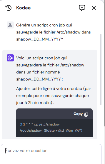 Script de tâche cron de sauvegarde généré par l'assistant IA Kodee