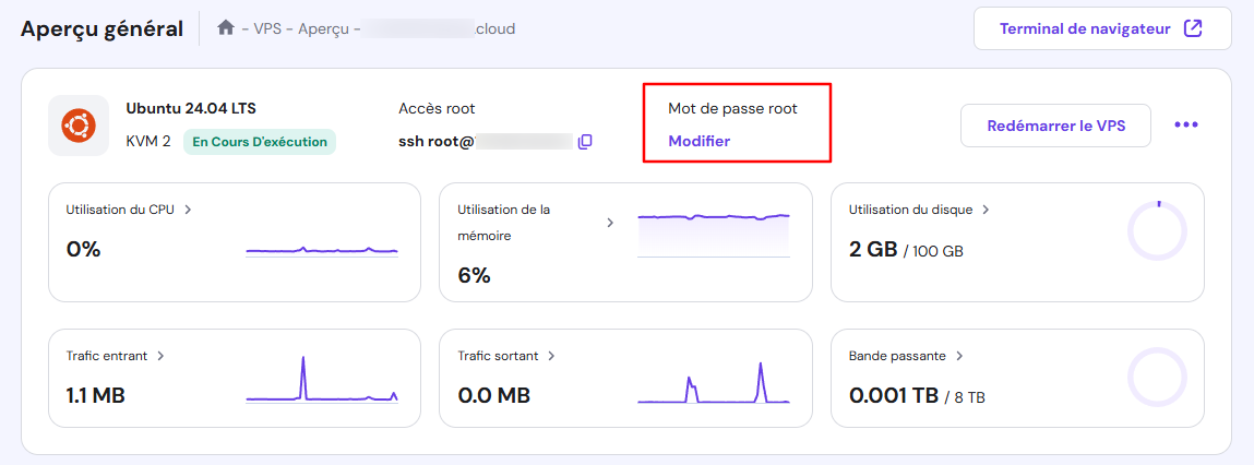 Option permettant de modifier le mot de passe root dans le menu Aperçu général du VPS de hPanel
