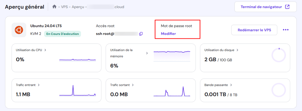 Option permettant de modifier le mot de passe root dans le menu Aper&ccedil;u g&eacute;n&eacute;ral du VPS de hPanel