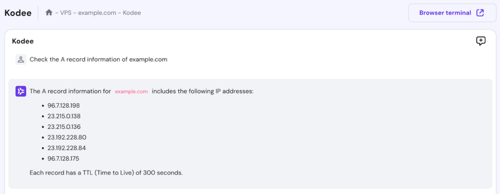 Kodee interroge les informations d'enregistrement d'un nom de domaine.
