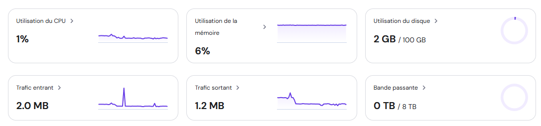 Tableau de bord de surveillance des ressources VPS Hostinger dans hPanel