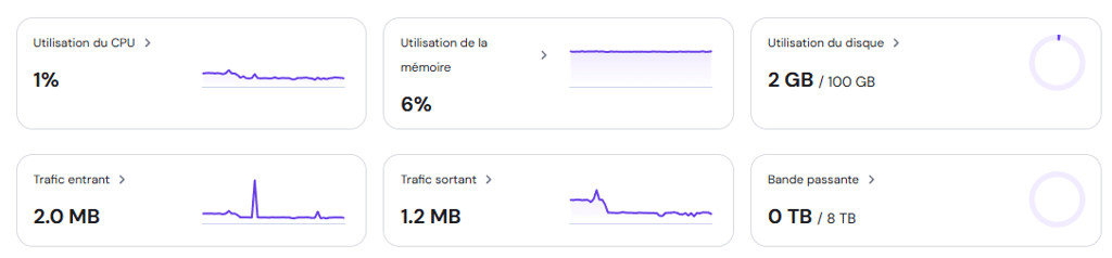 Tableau de bord de surveillance des ressources VPS Hostinger dans hPanel