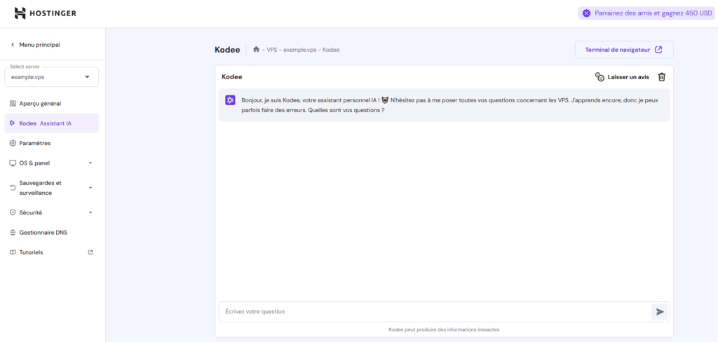 Écran de l'assistant IA Kodee sur hPanel