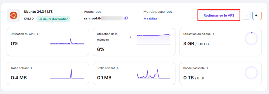 Le bouton « Redémarrer le VPS » dans le tableau de bord VPS de hPanel