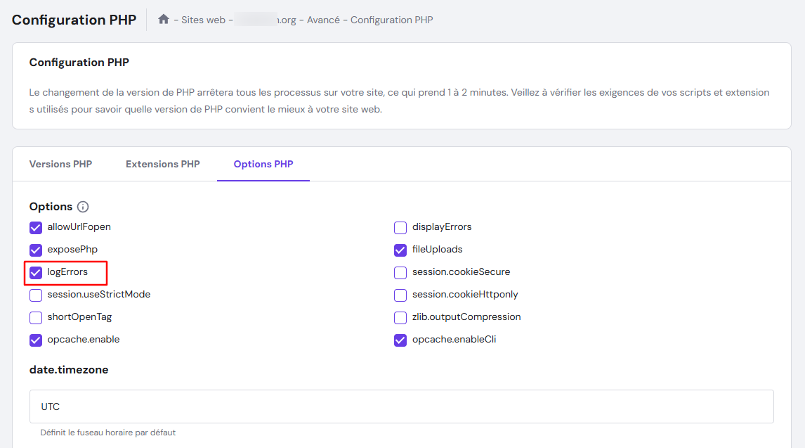 L'option logErrors sous l'onglet Options PHP de hPanel