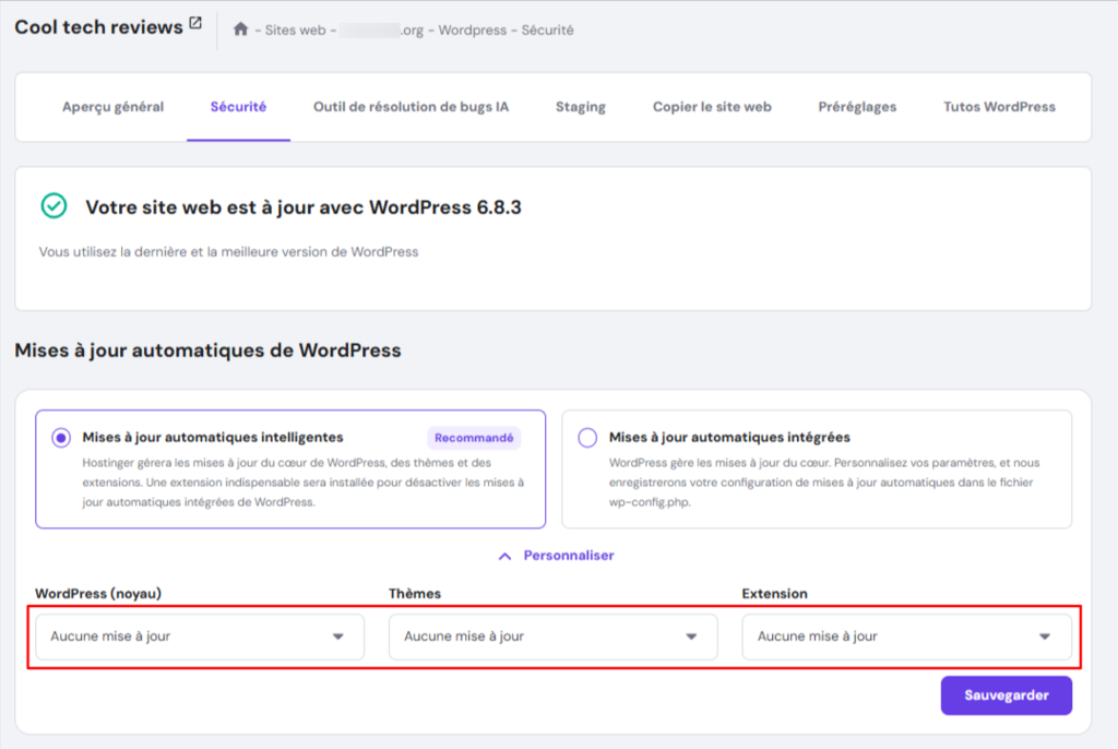 L'option « Aucune mise à jour » pour les champs WordPress (noyau), Thèmes et extensions dans hPanel