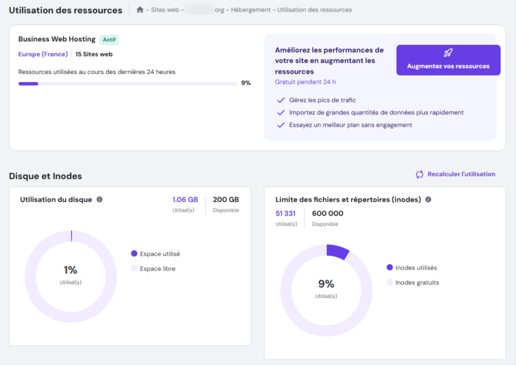 La page Utilisation des ressources dans hPanel
