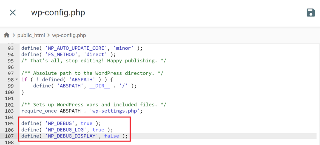 Le code WP_DEBUG dans le fichier wp-config.php