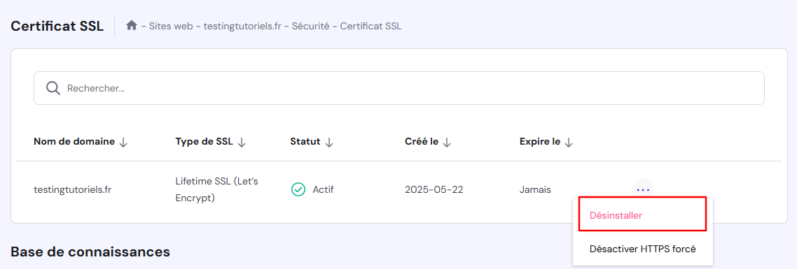 L'option Désinstaller dans la page du certificat SSL de hPanel