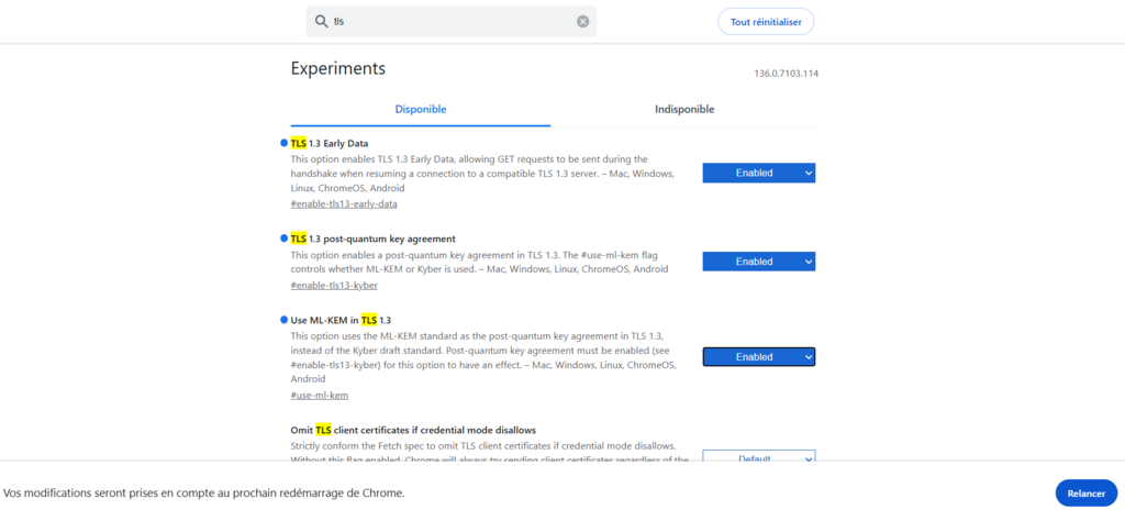 Les options TLS 1.3 dans la page Expériences de Google Chrome