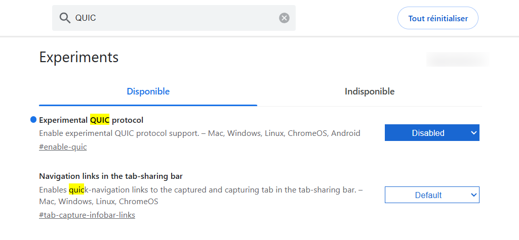 Expérience Google Chrome désactivée