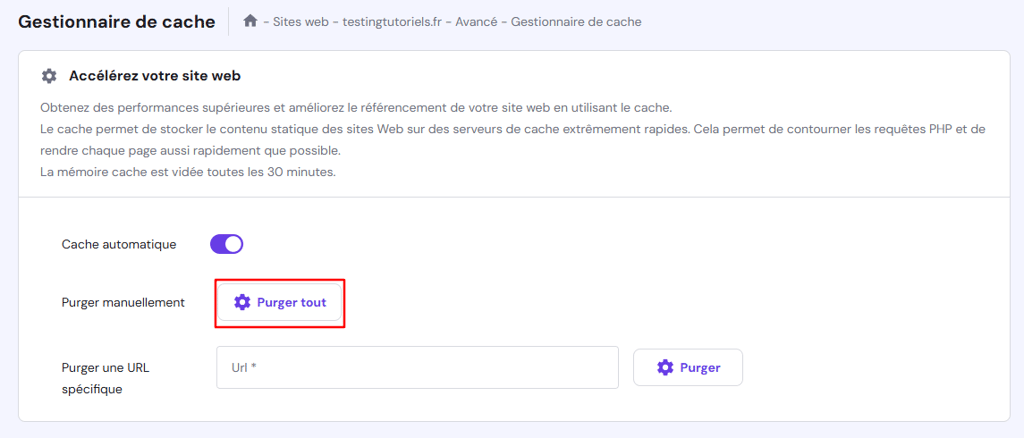 Le bouton Purger tout dans la page Gestionnaire de cache de hPanel