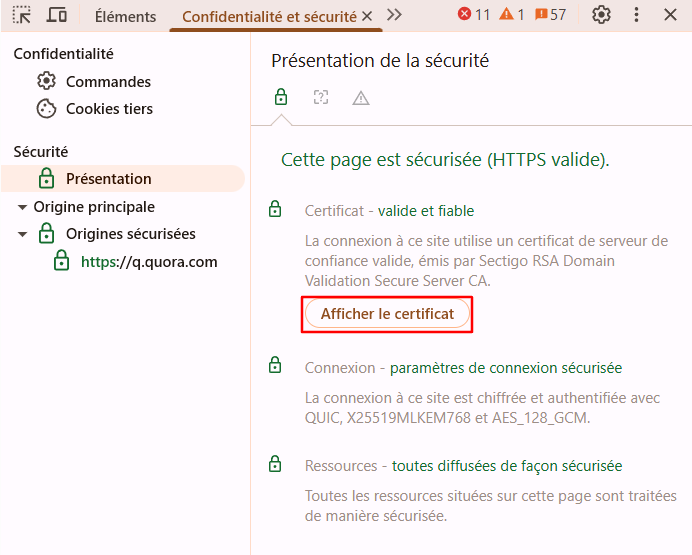 Le bouton « Afficher le certificat » sous l'onglet « Sécurité » dans Google Chrome
