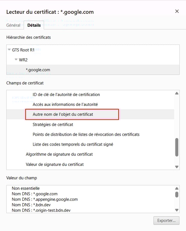 Le champ « Autre nom de l'objet du certificat » de Google