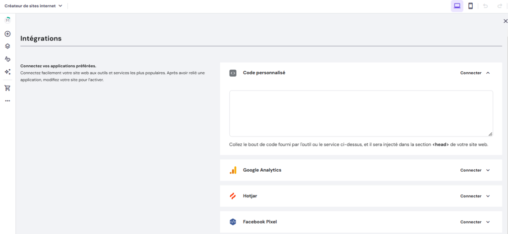 Paramètres d'intégration dans le créateur de sites Hostinger