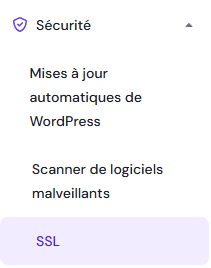 Le menu SSL dans hPanel