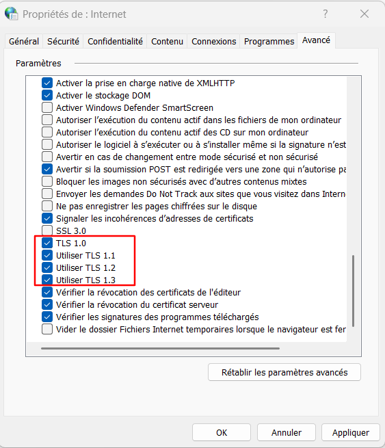 Les cases à cocher de la version TLS sous l'onglet Avancé dans les paramètres Propriétés Internet de Windows
