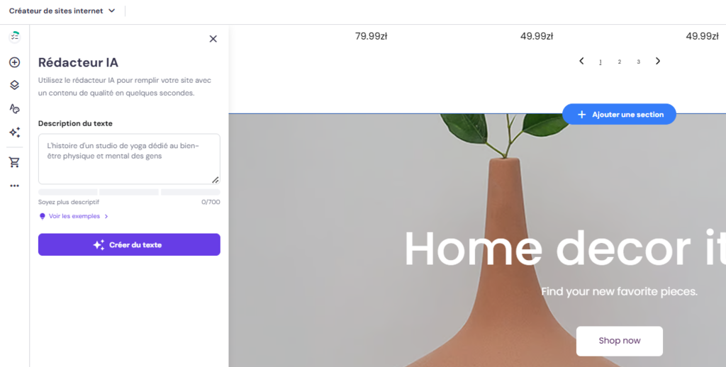 Rédacteur IA du créateur de sites d'Hostinger