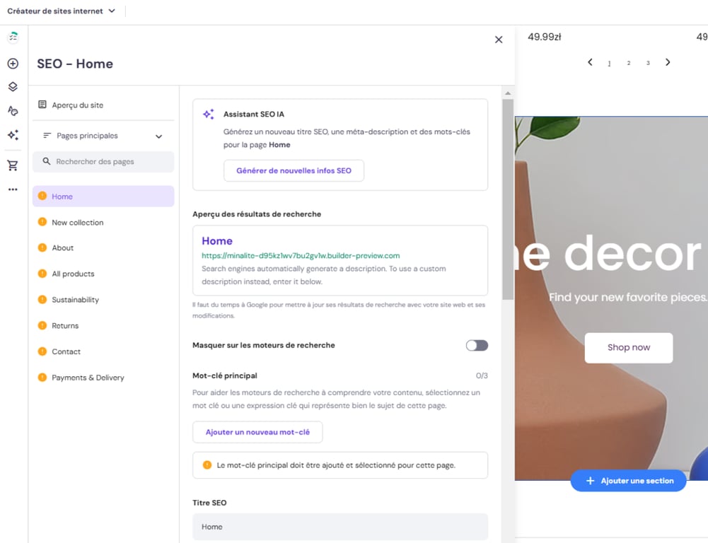 Paramètres SEO dans l'éditeur du créateur de sites d'Hostinger