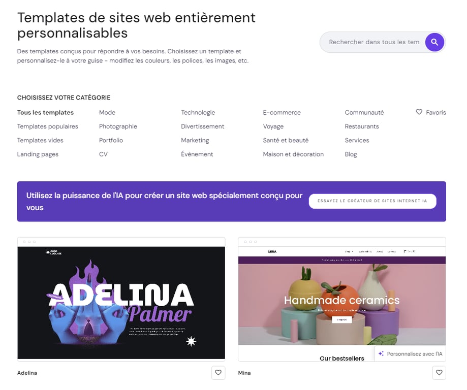 Page de templates de Hostinger