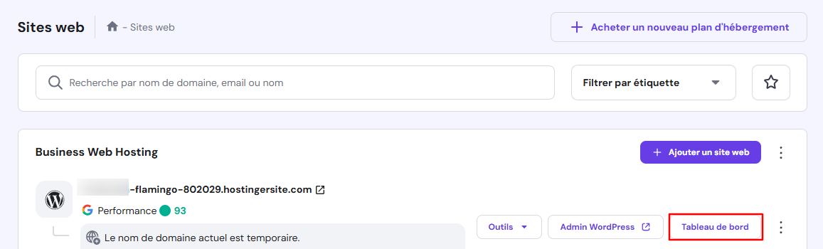 Bouton Tableau de bord d'un site web WordPress sur hPanel