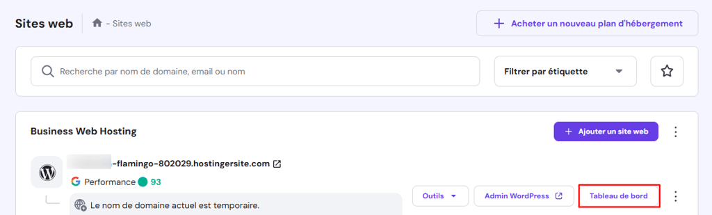 Bouton Tableau de bord d'un site web WordPress sur hPanel