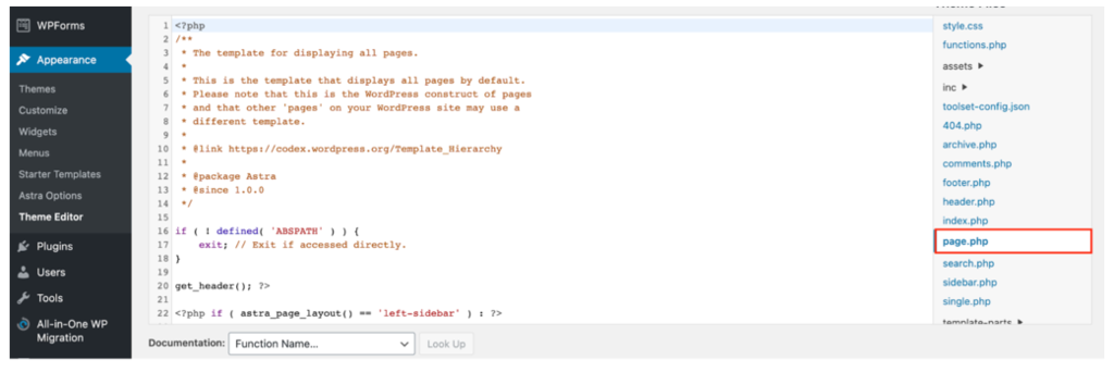 s&eacute;lectionner page.php sur l'&eacute;diteur de th&egrave;mes wordpress