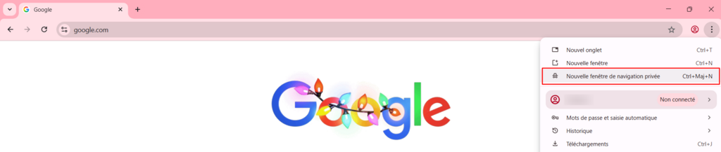 Menu « Nouvelle fenêtre de navigation privée » du navigateur Chrome