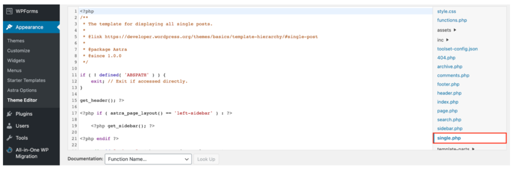 s&eacute;lectionner single.php sur l'&eacute;diteur de th&egrave;mes wordpress