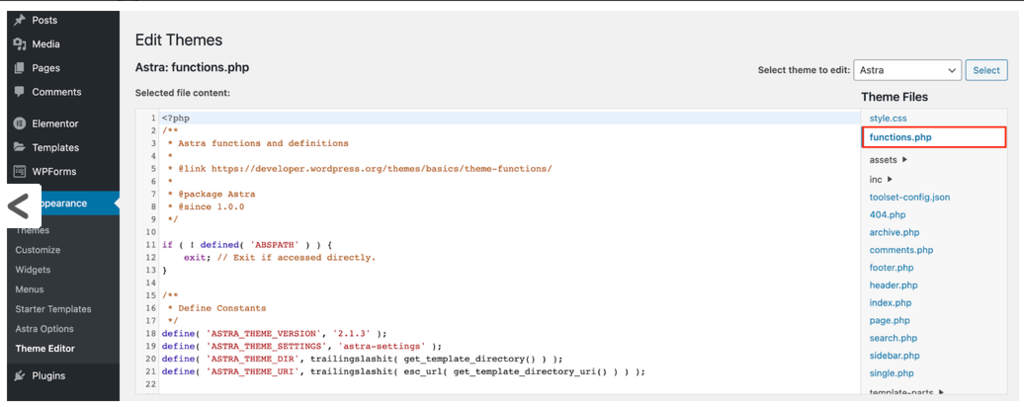 s&eacute;lectionner functions.php sur l'&eacute;diteur de th&egrave;me wordpress