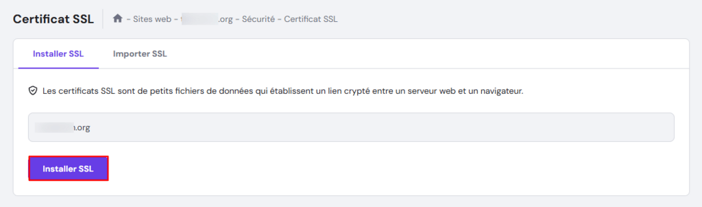 Menu Certificat SSL de hPanel avec l'option Installer SSL mise en &eacute;vidence