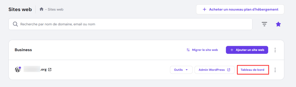 Menu Sites web de hPanel avec le tableau de bord mis en &eacute;vidence