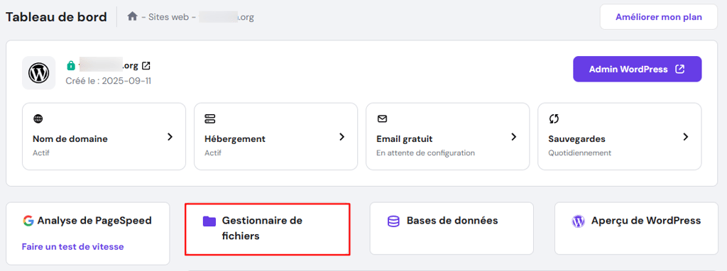 Tableau de bord hPanel avec le gestionnaire de fichiers mis en &eacute;vidence
