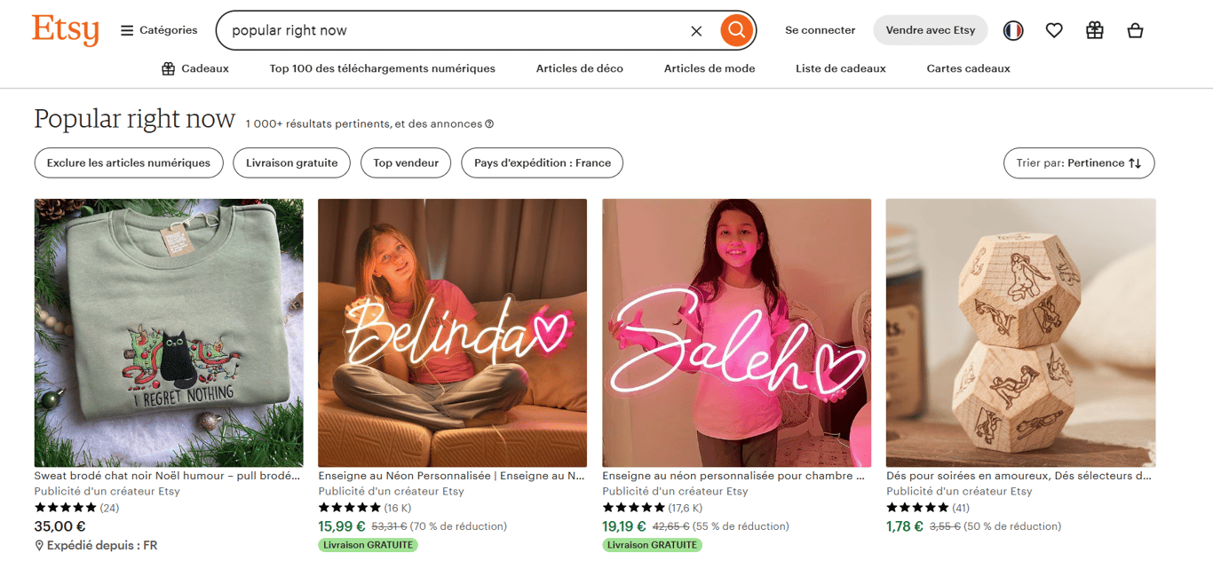 La page « Populaire en ce moment » sur le site web Etsy.