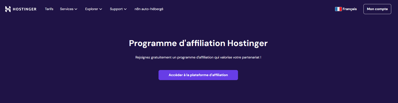 Landing page du programme d'affiliation Hostinger