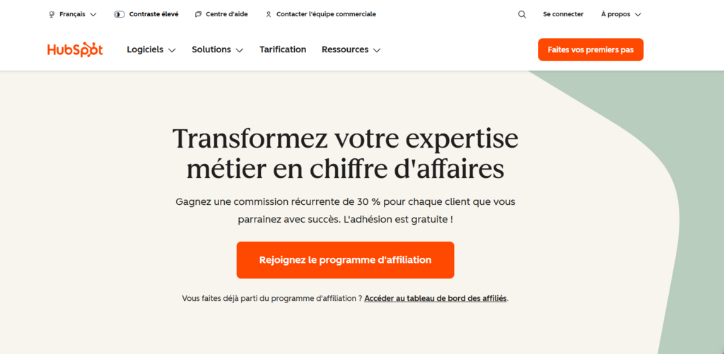 Landing page du programme d'affiliation HubSpot